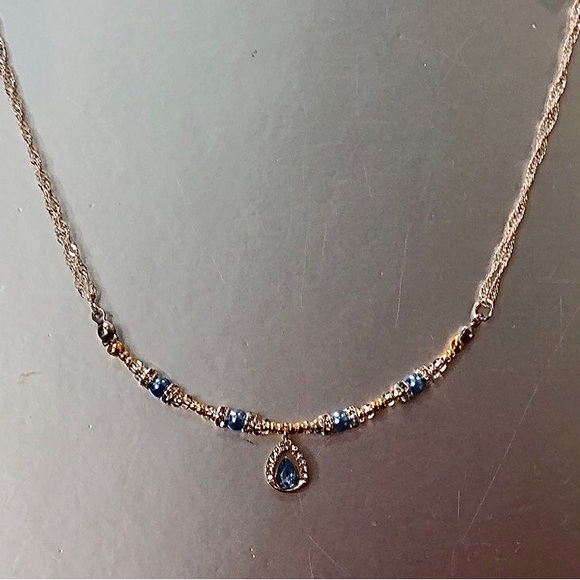 HAND CRAFTED Silver Gold Blue rhinestone pendant necklace Upcycled Vintage - Picture 6 of 6
